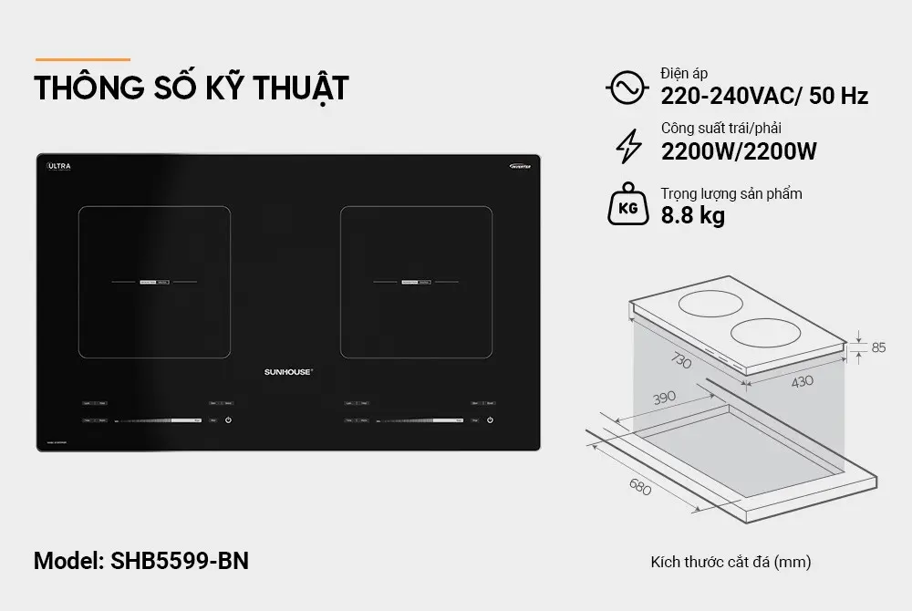 Bếp điện từ đôi SUNHOUSE SHB5599BN - 2200W/2200W - Ảnh 7