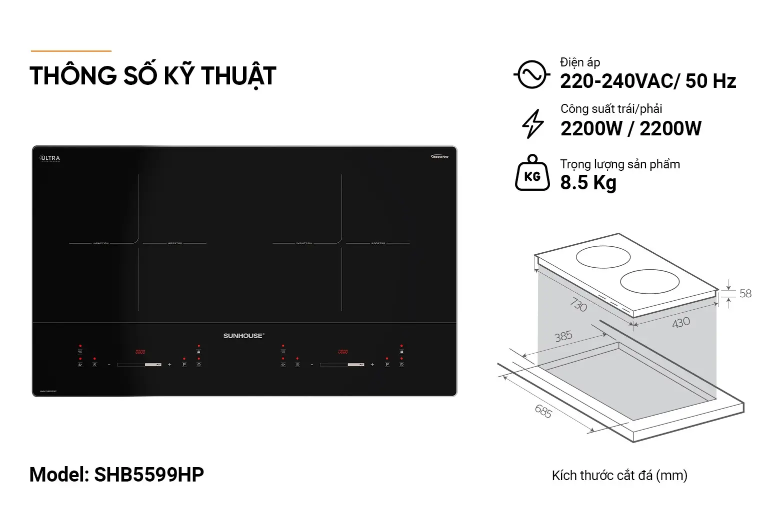 Bếp điện từ đôi SUNHOUSE SHB5599HP - 2200W/2200W - Ảnh 6