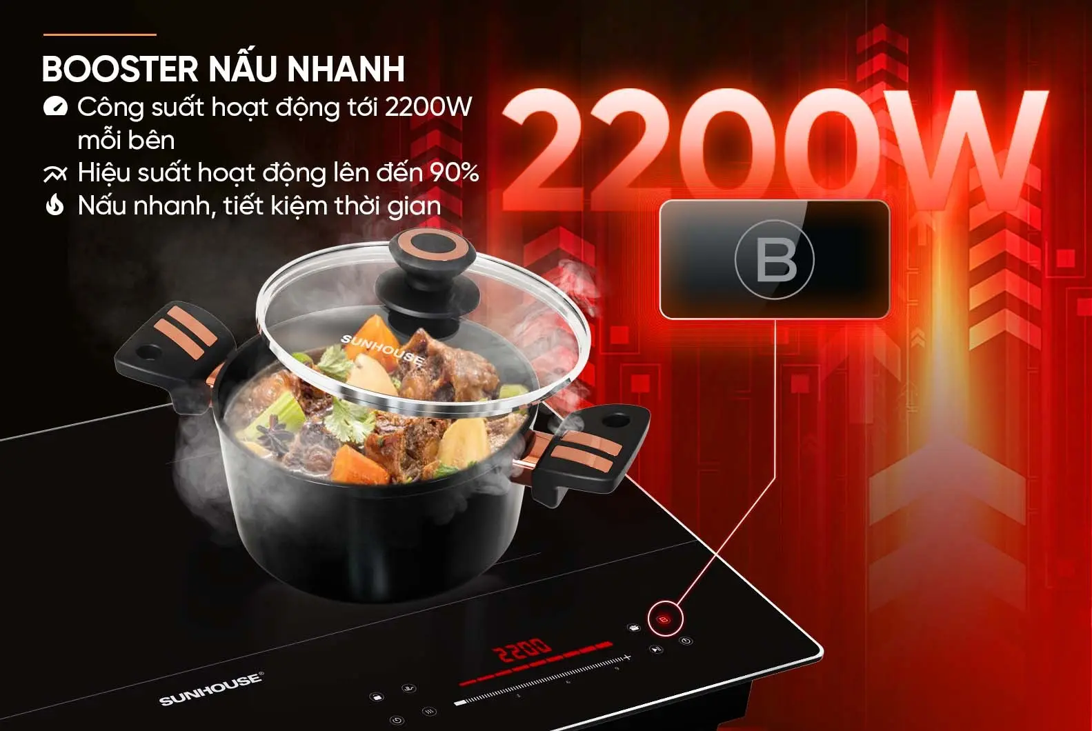 Bếp điện từ đôi SUNHOUSE SHB579-HD với tính năng Booster 2200W mỗi bên