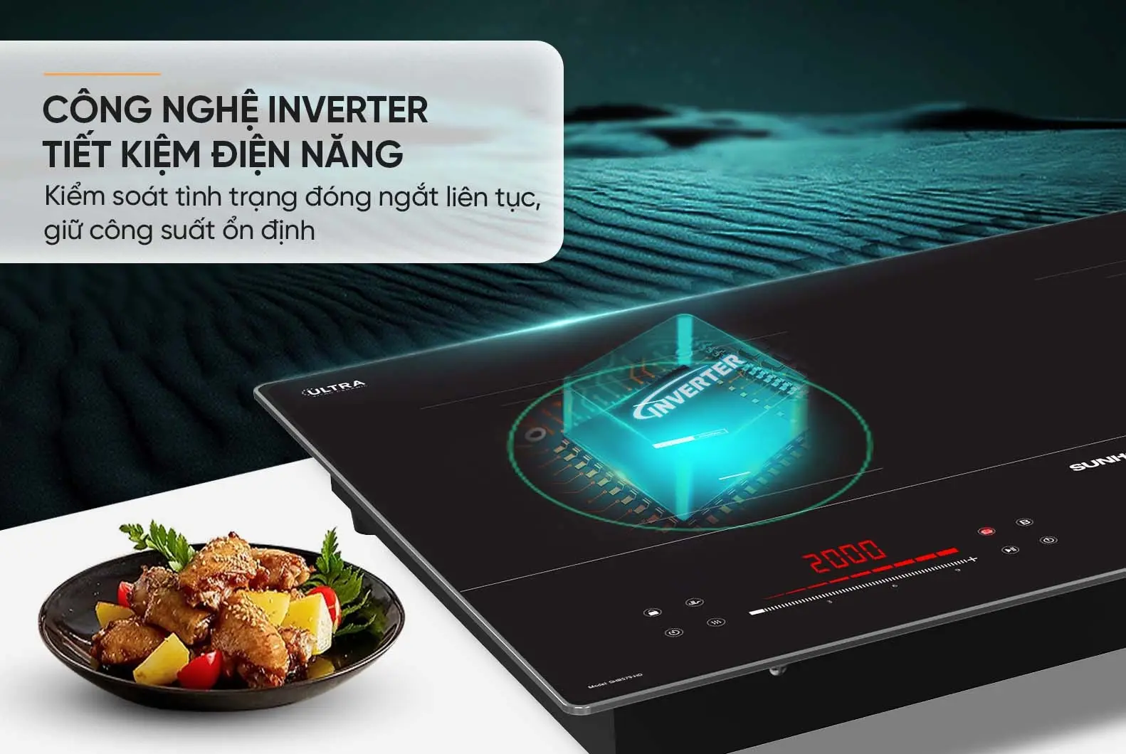 Công nghệ Inverter tiết kiệm điện trên bếp điện từ đôi SUNHOUSE SHB579-HD