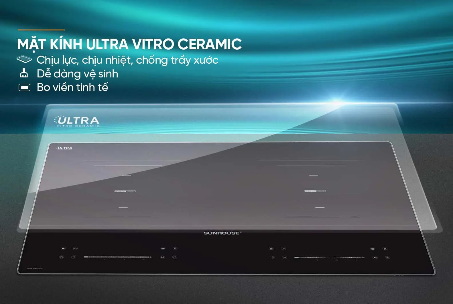 Mặt kính Ultra Vitro Ceramic của bếp điện từ đôi SUNHOUSE SHB579-HD