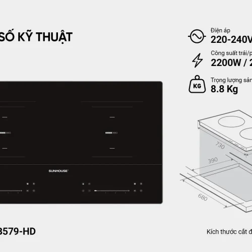 Thông số kỹ thuật bếp điện từ đôi SUNHOUSE SHB579-HD công suất 2200W mỗi vùng nấu