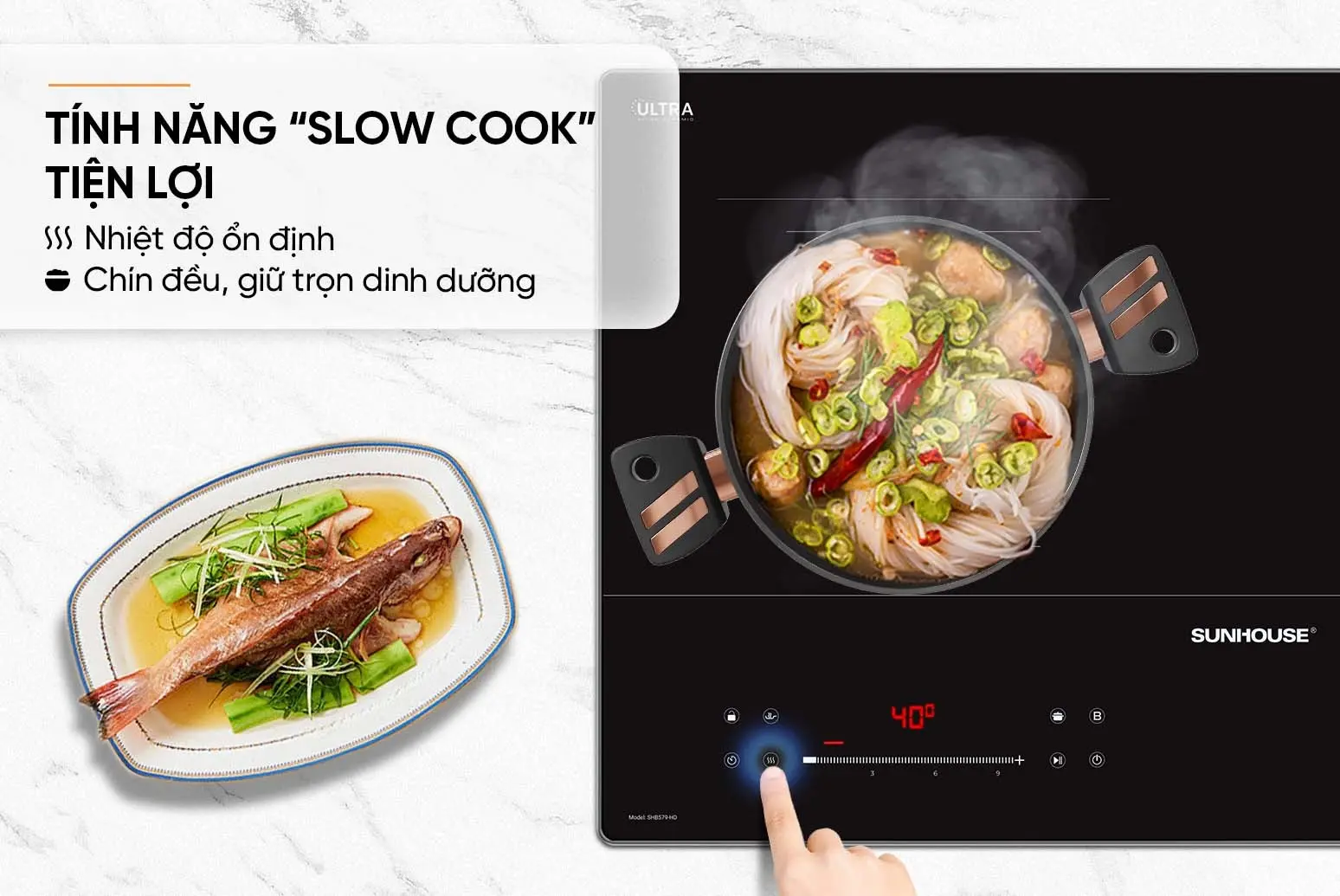 Bếp điện từ đôi SUNHOUSE SHB579-HD với tính năng Slow Cook