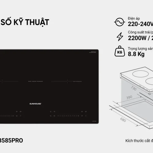 Thông số kỹ thuật bếp điện từ đôi SUNHOUSE SHB585PRO công suất 2200W mỗi vùng nấu