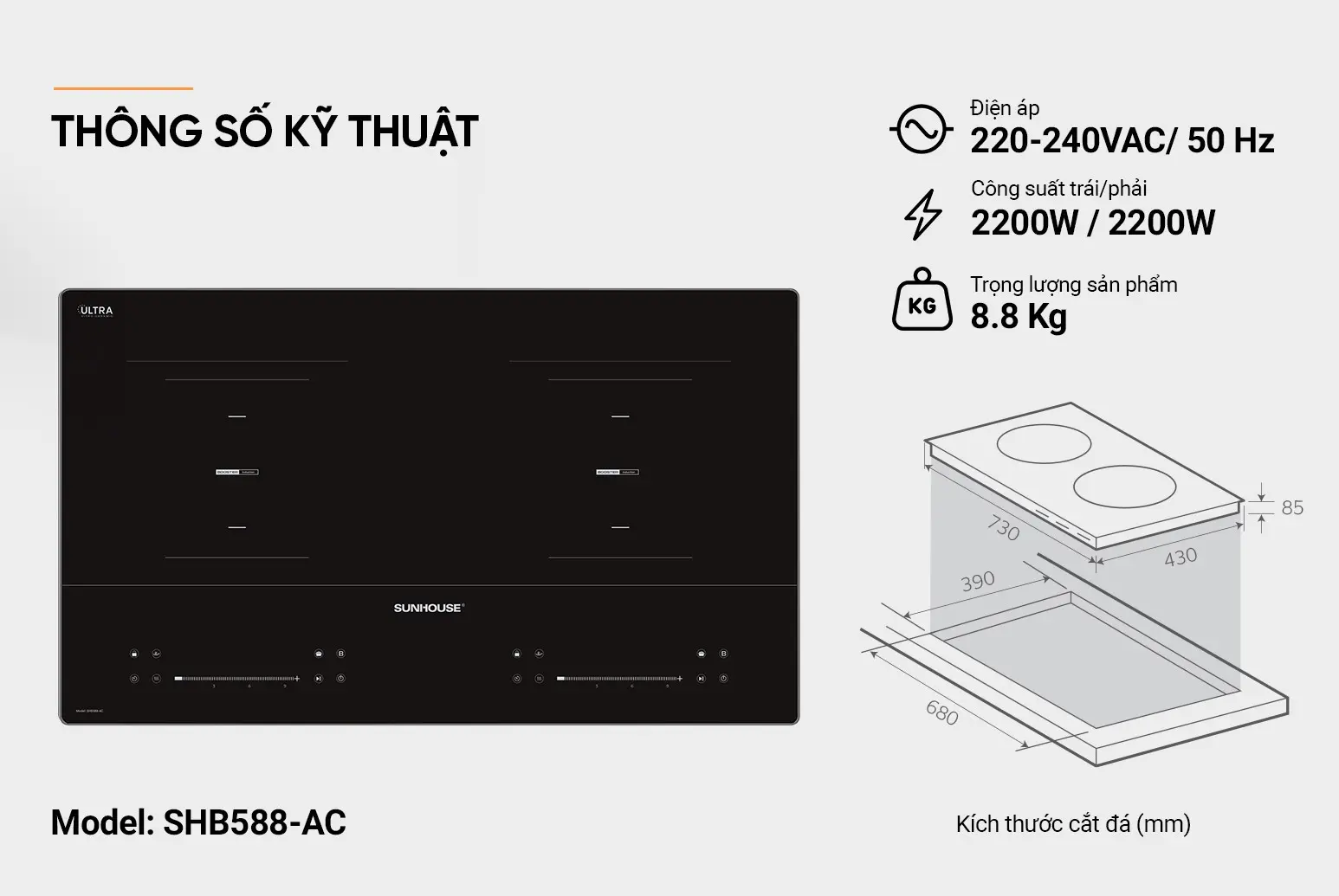 Bếp điện từ đôi SUNHOUSE SHB588-AC - 2200W/2200W - Ảnh 12