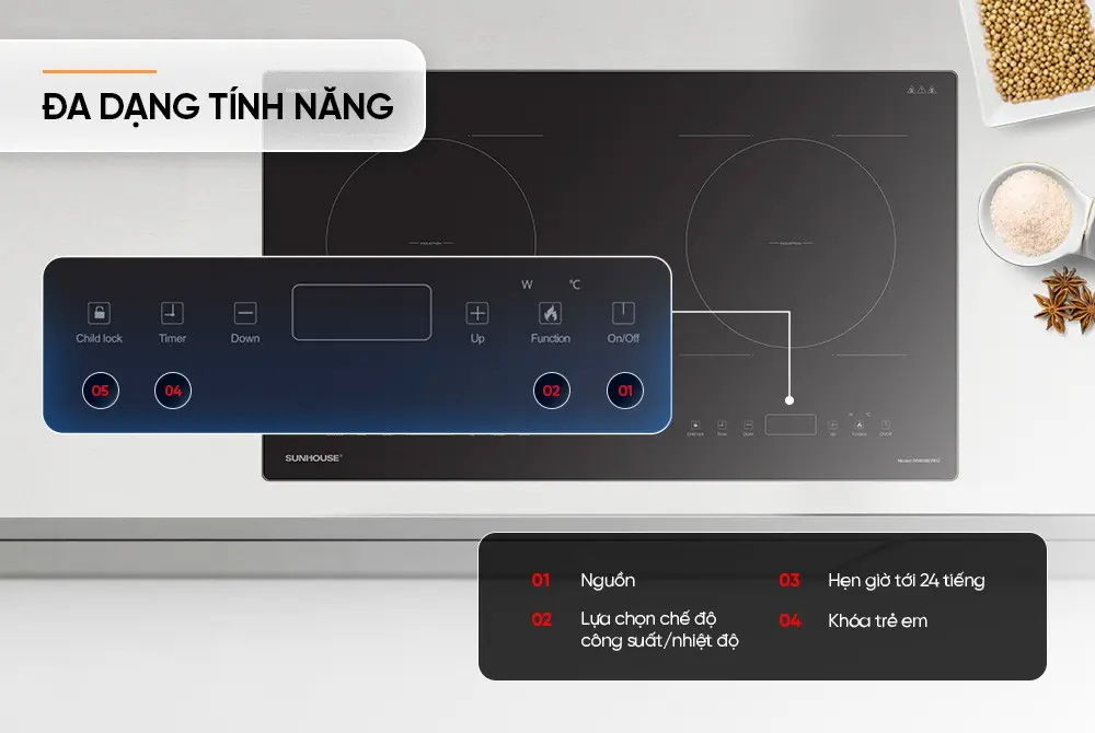 Bảng điều khiển đa dạng tính năng của bếp điện từ đôi SUNHOUSE SHB588 PRO