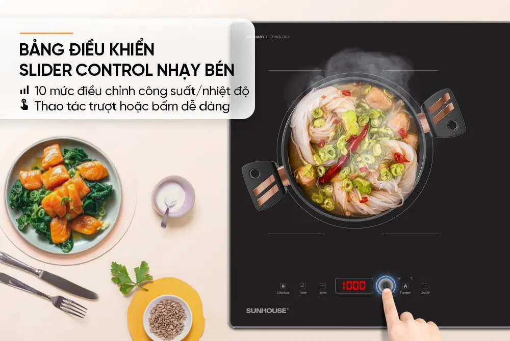 Bảng điều khiển Slider Control của bếp điện từ đôi SUNHOUSE SHB588 PRO