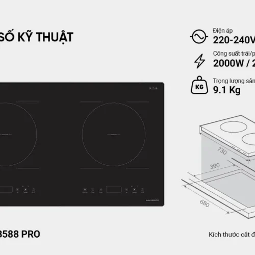 Thông số kỹ thuật bếp điện từ đôi SUNHOUSE SHB588 PRO 2000W mỗi vùng nấu