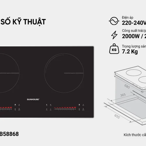 Bếp điện từ đôi SUNHOUSE SHB58868 cùng thông số kỹ thuật và kích thước lắp đặt