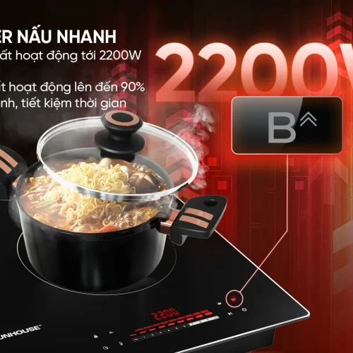 Bếp điện từ đôi SUNHOUSE SHB589 với nồi đang nấu trên mặt bếp