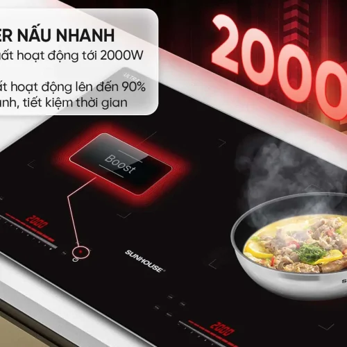 Bếp điện từ đôi SUNHOUSE SHB598DI công suất 2000W mỗi vùng nấu với chức năng Booster