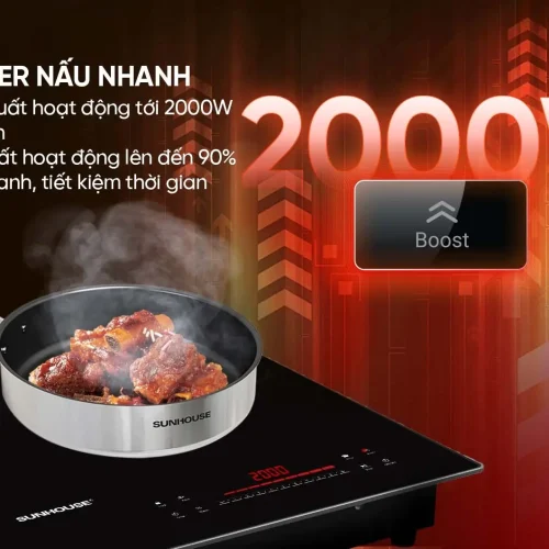 Bếp điện từ đôi SUNHOUSE SHB5999MAX với chảo đặt trên mặt bếp