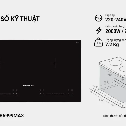 Bếp điện từ đôi SUNHOUSE SHB5999MAX kèm thông số kỹ thuật và kích thước lắp đặt