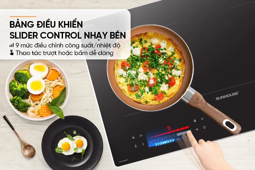 Bếp điện từ đôi SUNHOUSE SHB599HT với bảng điều khiển Slider Control nhạy bén