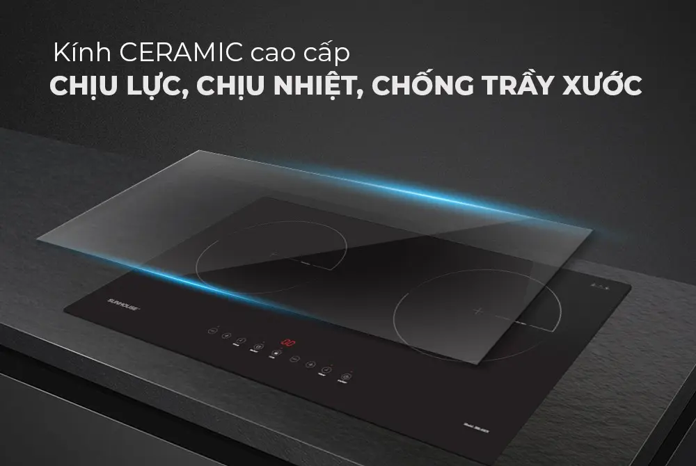 Mặt kính ceramic chịu lực, chịu nhiệt và chống trầy xước của bếp điện từ đôi SUNHOUSE SHB68-DY