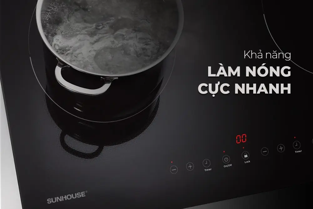 Bếp điện từ đôi SUNHOUSE SHB68-DY làm nóng nhanh với vùng nấu cảm ứng