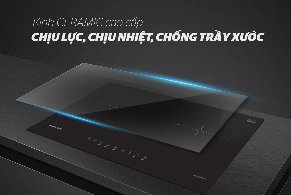 Mặt kính Ceramic chịu lực chịu nhiệt chống trầy xước của bếp điện từ đôi SUNHOUSE SHB8100