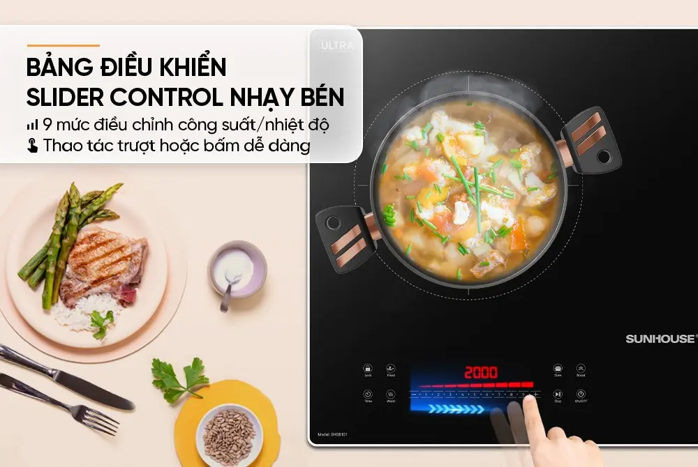 Bảng điều khiển Slider Control của bếp điện từ đôi SUNHOUSE SHB8101