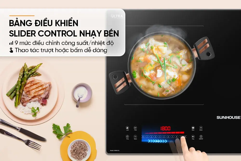 Bảng điều khiển cảm ứng trượt của bếp điện từ đôi SUNHOUSE SHB81012