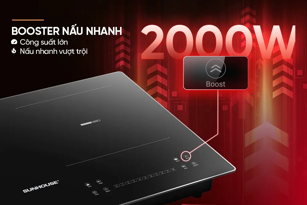 Bếp điện từ đôi SUNHOUSE SHB81012 với tính năng Booster công suất 2000W