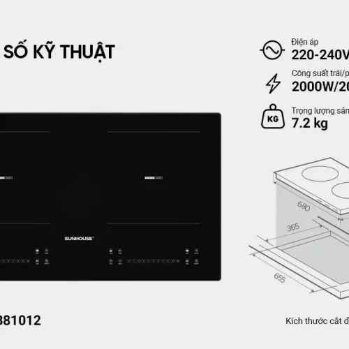 Bếp điện từ đôi SUNHOUSE SHB81012 cùng thông số kỹ thuật và kích thước cắt đá