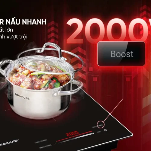 Bếp điện từ đôi SUNHOUSE SHB81032-EC minh họa chức năng Booster nấu nhanh 2000W