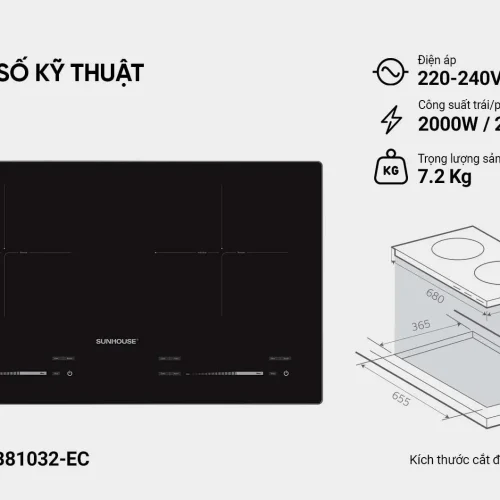 Thông số kỹ thuật bếp điện từ đôi SUNHOUSE SHB81032-EC 2000W mỗi vùng nấu