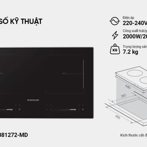 Thông số kỹ thuật bếp điện từ đôi SUNHOUSE SHB81272-MD kèm kích thước lắp đặt