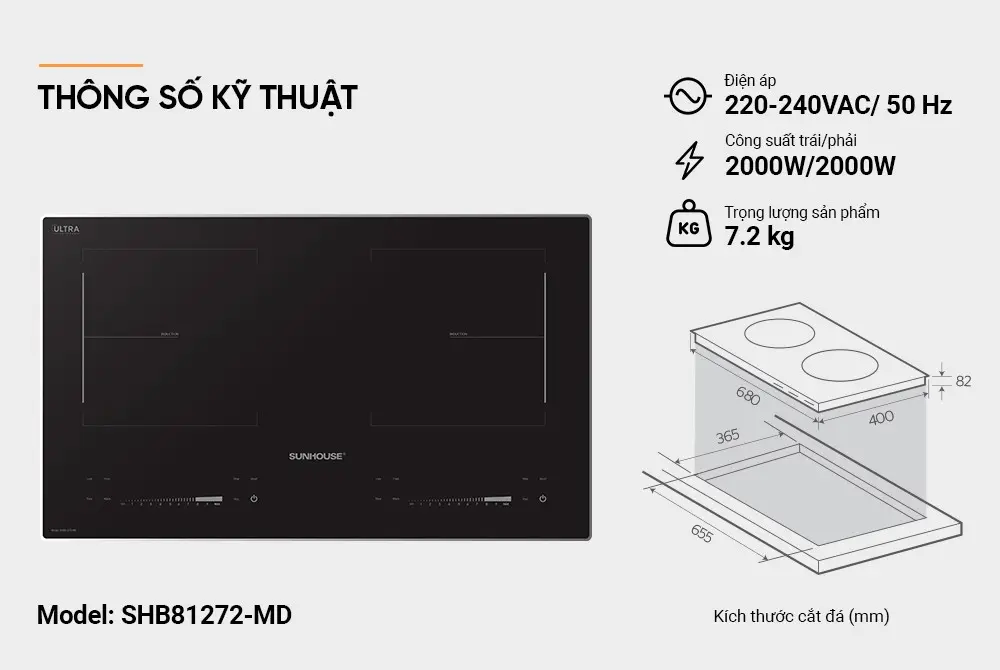 Thông số kỹ thuật bếp điện từ đôi SUNHOUSE SHB81272-MD kèm kích thước lắp đặt
