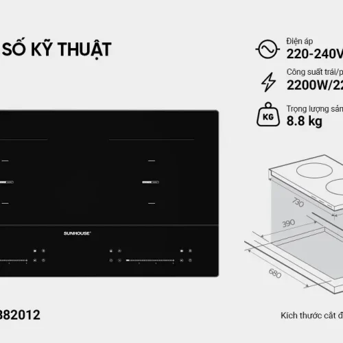 Thông số kỹ thuật bếp điện từ đôi SUNHOUSE SHB82012 công suất 2200W mỗi vùng nấu