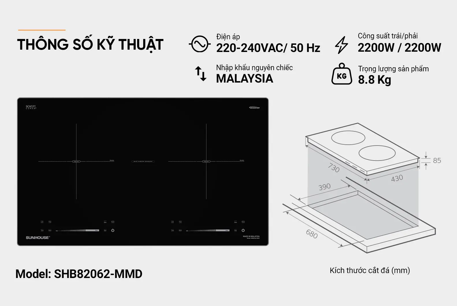 Bếp điện từ đôi SUNHOUSE SHB82062-MMD - 2200W/2200W - Ảnh 9