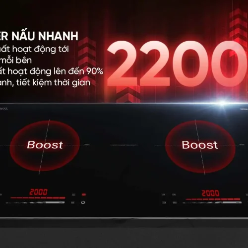 Bếp điện từ đôi SUNHOUSE SHB82062-MMD hiển thị chế độ Booster 2200W mỗi vùng nấu