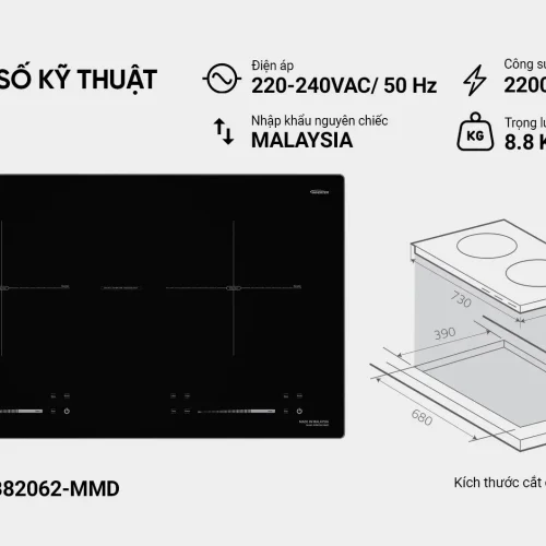 Thông số kỹ thuật bếp điện từ đôi SUNHOUSE SHB82062-MMD 2200W mỗi vùng nấu