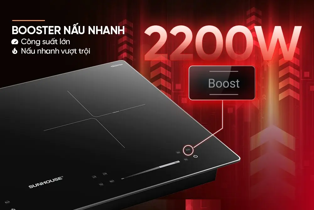 Bếp điện từ đôi SUNHOUSE SHB82082-VMD hỗ trợ Booster 2200W