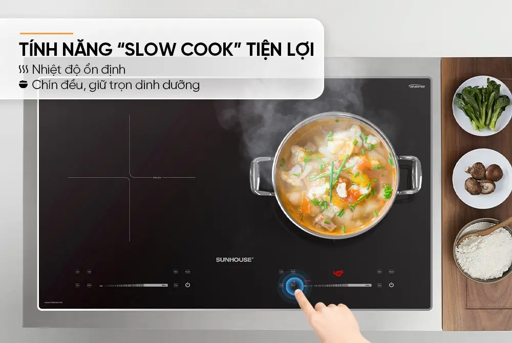 Chức năng nấu chậm Slow Cook trên bếp điện từ đôi SUNHOUSE SHB82082-VMD