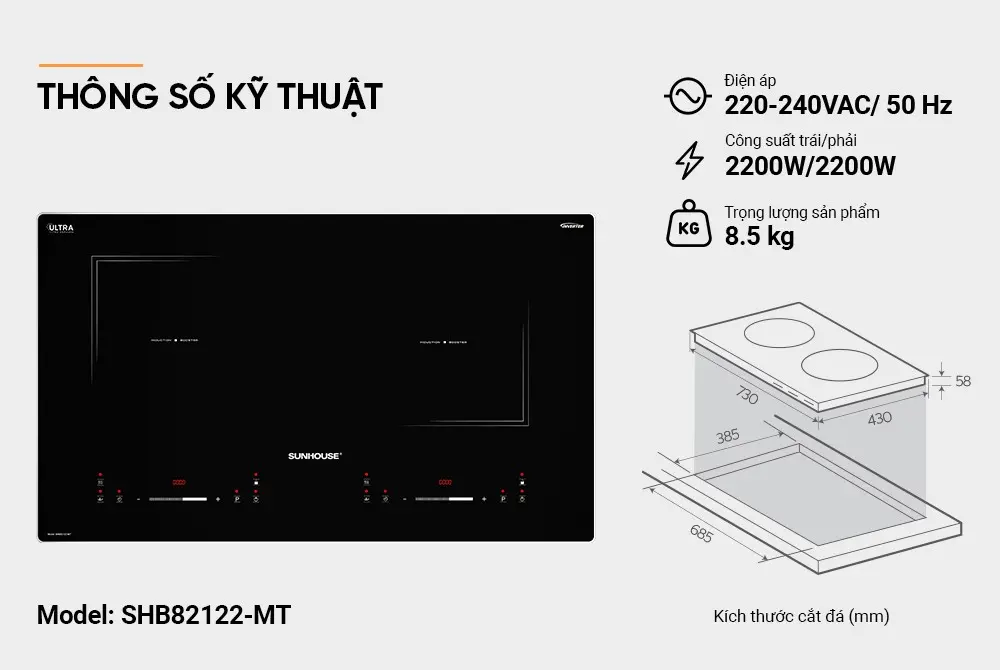 Thông số kỹ thuật bếp điện từ đôi SUNHOUSE SHB82122-MT