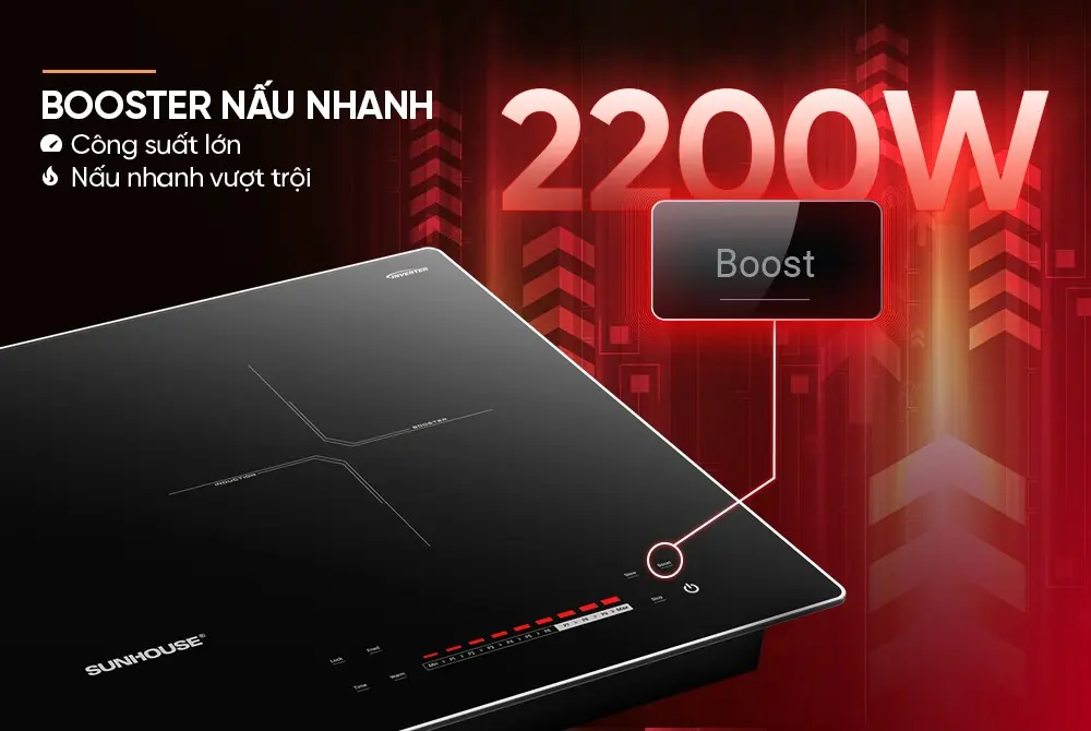 Bếp điện từ đôi SUNHOUSE SHB82202-VMC với Booster 2200W nấu nhanh