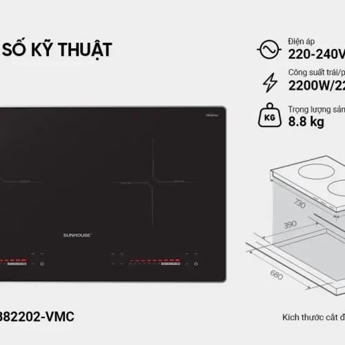 Bếp điện từ đôi SUNHOUSE SHB82202-VMC kèm thông số kỹ thuật và sơ đồ kích thước