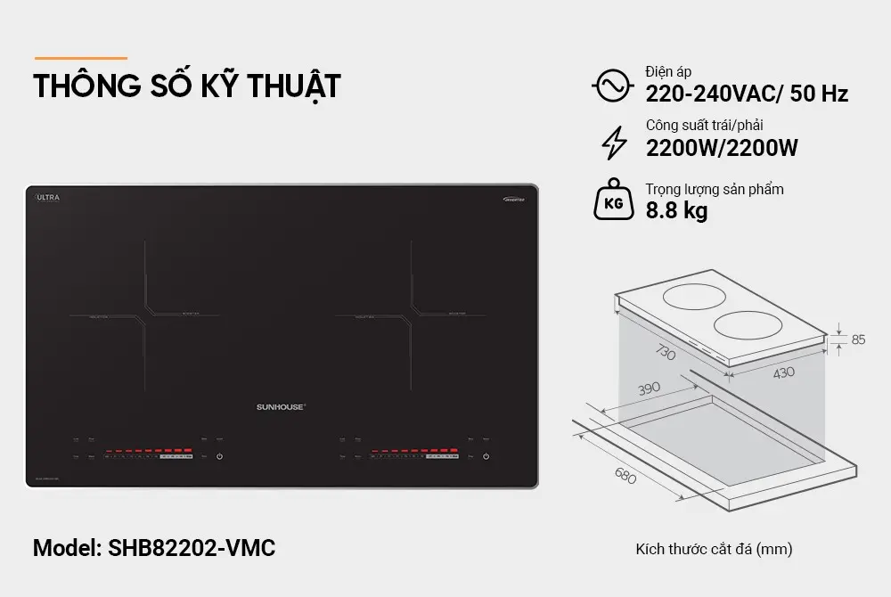 Bếp điện từ đôi SUNHOUSE SHB82202-VMC kèm thông số kỹ thuật và sơ đồ kích thước