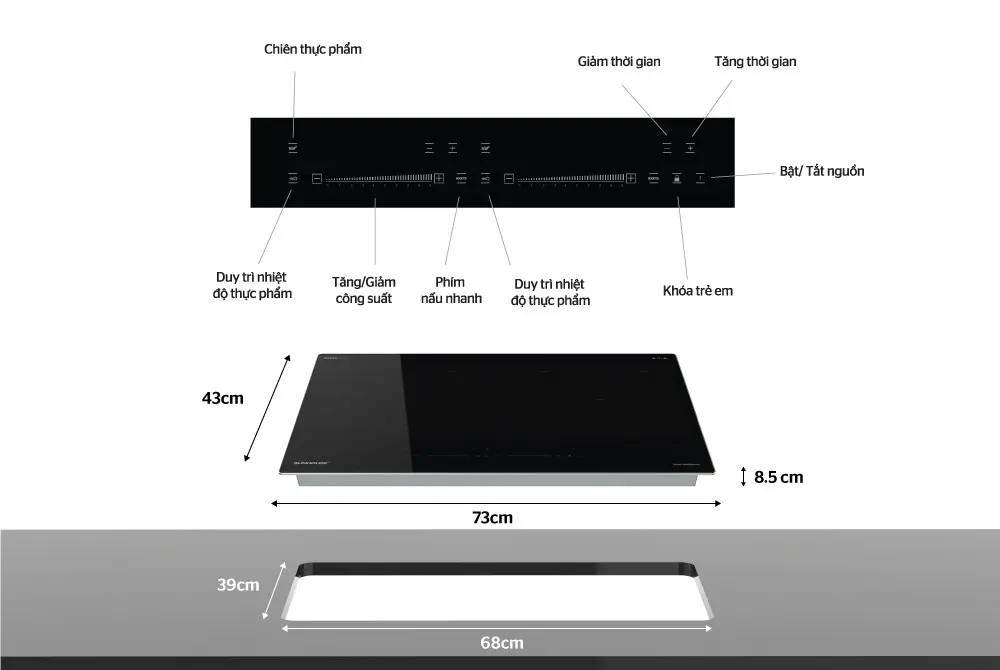 Bảng điều khiển cảm ứng và kích thước bếp điện từ đôi SUNHOUSE SHB888-PLUS
