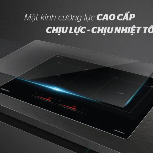 Mặt kính cường lực và hai vùng nấu của bếp điện từ đôi SUNHOUSE SHB888-PLUS
