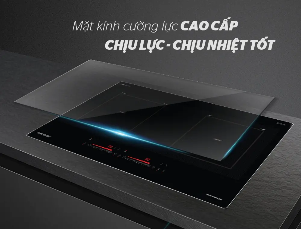 Mặt kính cường lực và hai vùng nấu của bếp điện từ đôi SUNHOUSE SHB888-PLUS