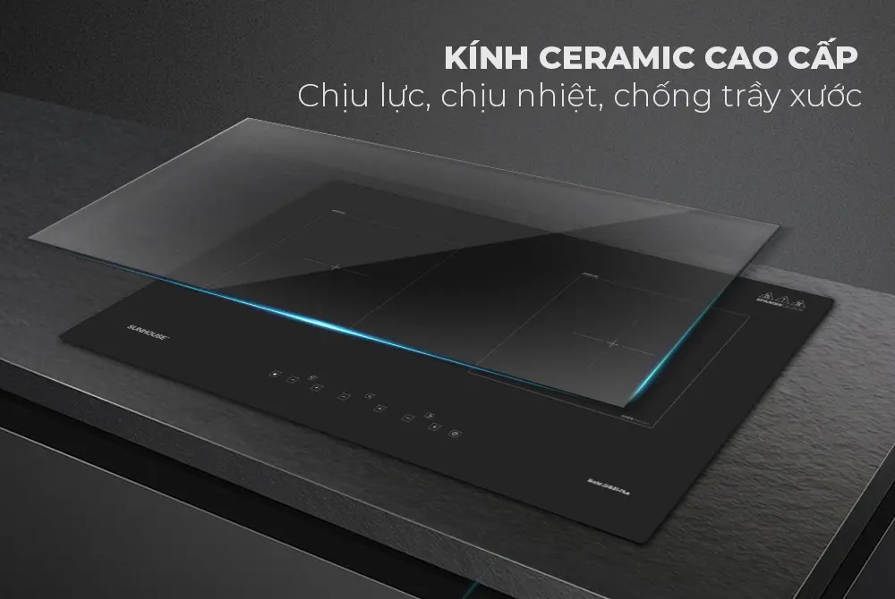 Mặt kính Ceramic chịu lực chịu nhiệt của bếp điện từ đôi SUNHOUSE SHB89-PLUS