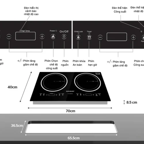 Bảng điều khiển và kích thước bếp điện từ đôi SUNHOUSE SHB9003-EC