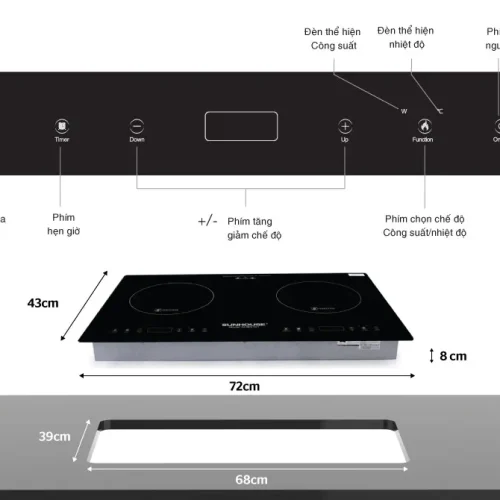 Sơ đồ bảng điều khiển và kích thước bếp điện từ đôi SUNHOUSE SHB9101