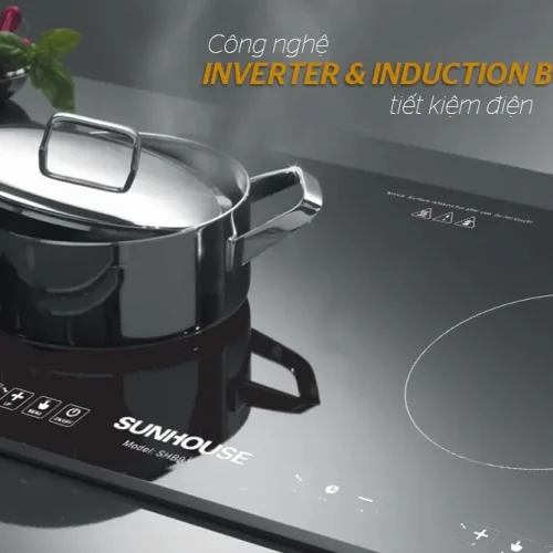 Bếp điện từ đôi SUNHOUSE SHB9108-S với nồi, công nghệ Inverter và Induction Booster