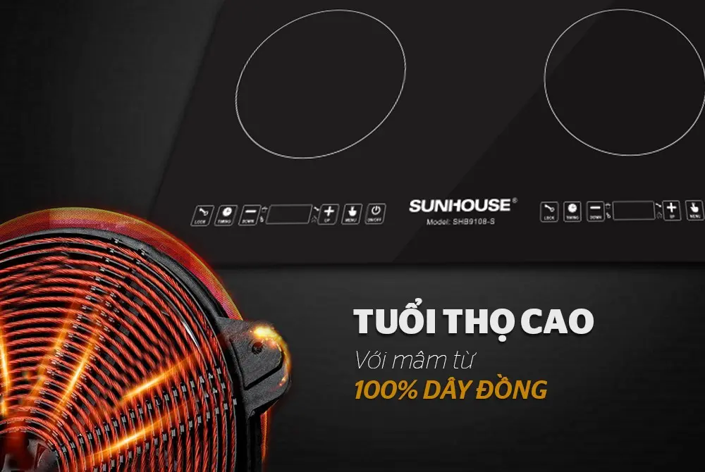 Bếp điện từ đôi SUNHOUSE SHB9108-S mâm từ 100% dây đồng bền bỉ