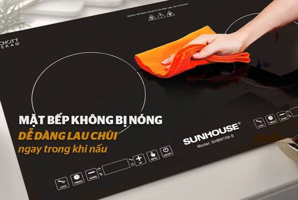 Bếp điện từ đôi SUNHOUSE SHB9108-S mặt kính không bám bẩn dễ lau chùi