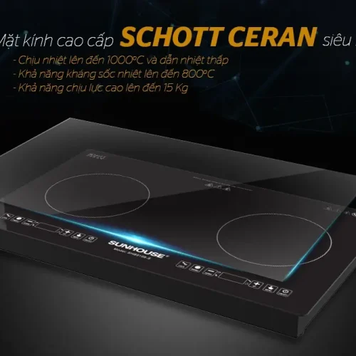 Bếp điện từ đôi SUNHOUSE SHB9108-S với mặt kính Schott Ceran