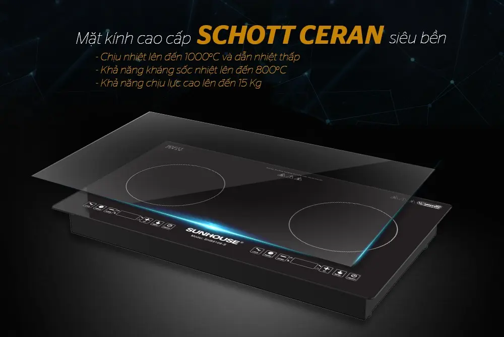 Bếp điện từ đôi SUNHOUSE SHB9108-S mặt kính Schott Ceran
